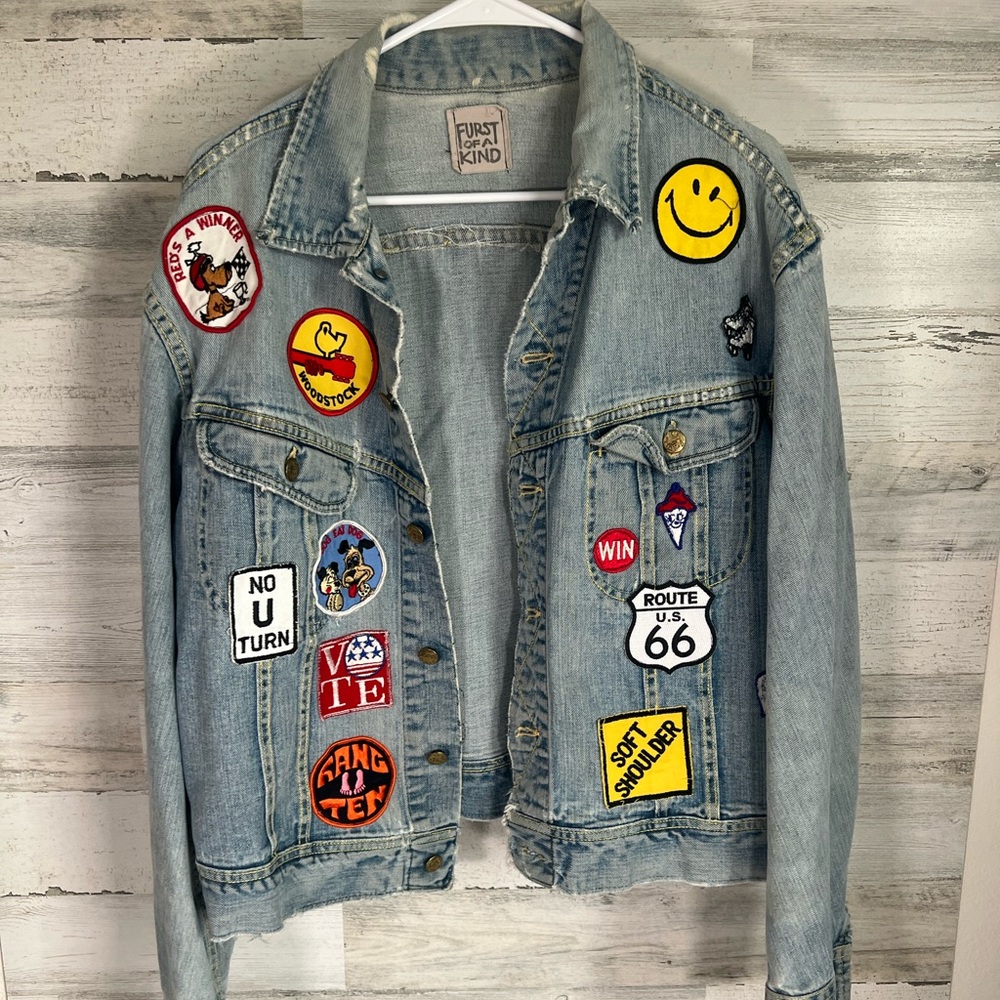 Vintage Furst of a Kind patched woodstock denim jacket women’s size large hippie